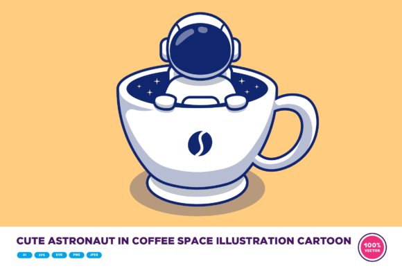 Cute Astronaut in Cup Coffee Space Graphics & Illustrations